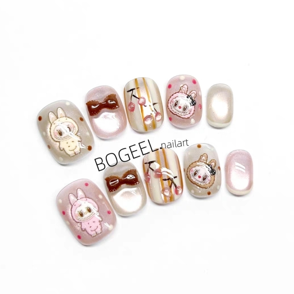 Labubu The Monsters Press On Nails Kawaii Pink & Brown 3D Bow NailArt Size Small - Picture 6 of 10